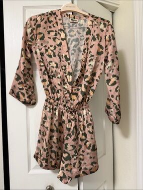 Show Me Your MuMu Pink Leopard Satin Playsuit Romper with Olive & Tan Spots